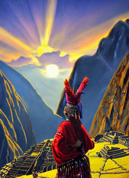 Image similar to a painting of an incan shaman doing a prayer to the sun on the machu picchu with arms up,, matte painting, fantasy art, hyper detailed, concept art