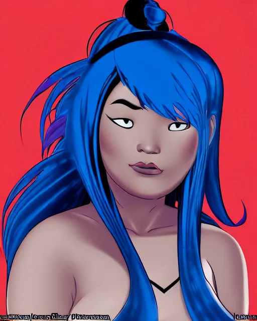 Prompt: welcoming heavy filipina woman character portrait, by don bluth, electric blue hair, wearing dark - blue, sci - fi environment, highly detailed, dynamic shadows, 4 k, wallpaper - 1 0 2 4