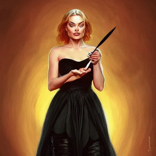 Image similar to very cute Margot Robbie eating fork covered in honey wearing black-crimson silk dress, D&D, fantasy, intricate, elegant, highly detailed, digital painting, artstation, concept art, matte, sharp focus, illustration, art by Artgerm and Greg Rutkowski and Alphonse Mucha