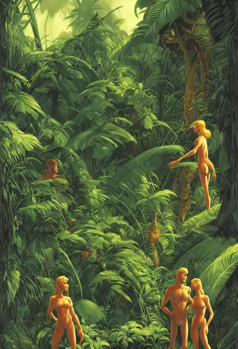 Image similar to a close up of Adam and Eve on a tropical garden world by Ralph McQuarrie| sparth:.2 | Tim white:.4 | Rodney Mathews:.2 | Graphic Novel, Visual Novel, Colored Pencil, Comic Book:.2