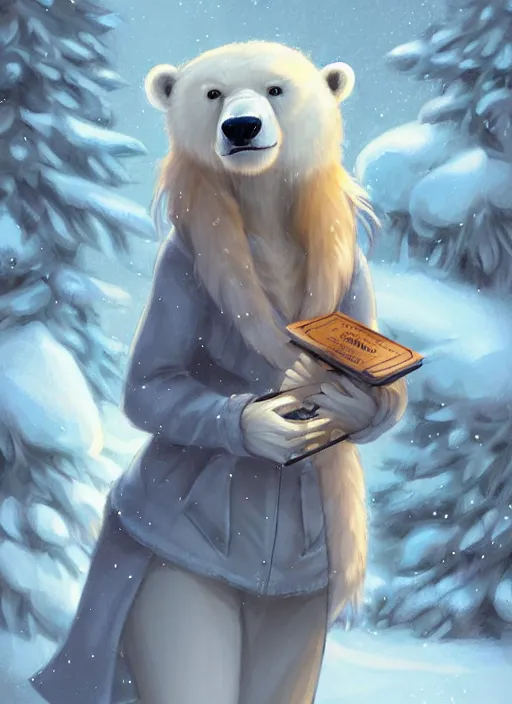 Image similar to award winning beautiful portrait commission art of a female furry anthro polar bear fursona with a cute beautiful attractive detailed furry face wearing cute stylish winter clothes at a comfy winter cabin at dusk by firelight. Character design by charlie bowater, ross tran, artgerm, and makoto shinkai, detailed, inked, western comic book art