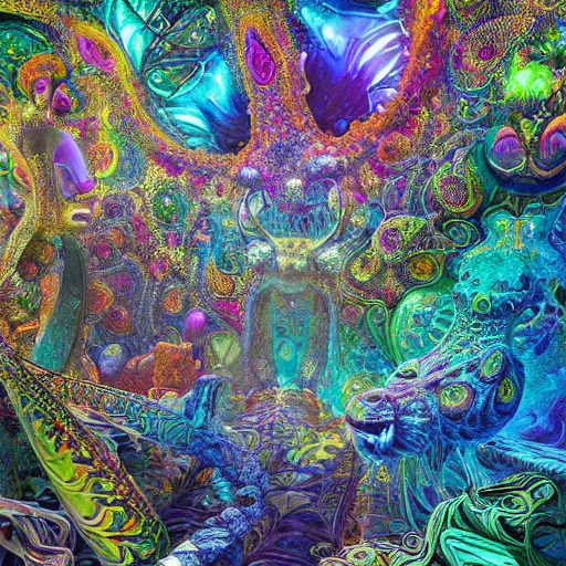 Prompt: the menagerie, background in the fourth dimension, psychedellic fractals, ayahausca, tryptamine, hyperdetailed illustration by irakli nadar and alexandre ferra, intricate linework, unreal engine 5 highly rendered, global illumination, radiant light, detailed and intricate environment