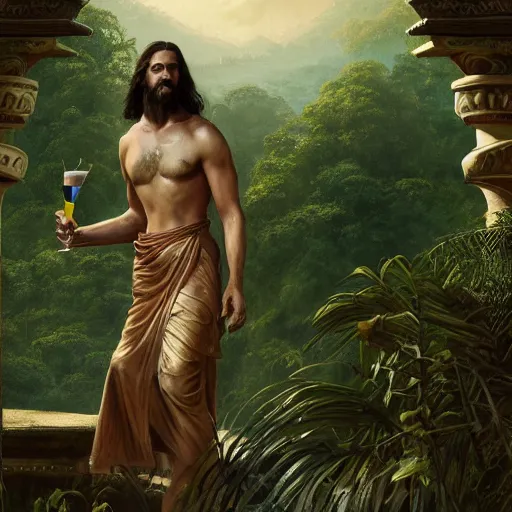 Image similar to a detailed matte painting of a ridiculously good looking jesus who is best friends forever with a velociraptor, elegant ancient greek dress, jungle as the background, drinking a martini, very detailed, beautiful, intricate, art by greg rutkowski and robert e howard, octane render