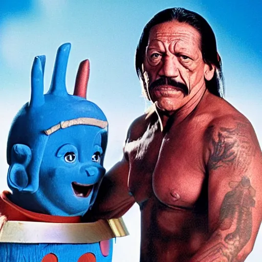 Image similar to Danny Trejo with machete appears in teletubbies