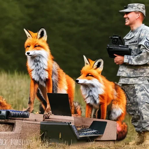 Image similar to a group of fox animals dressed in modern american military soldier uniforms, foxes laughing at a computer, 8 5 mm f / 1. 4