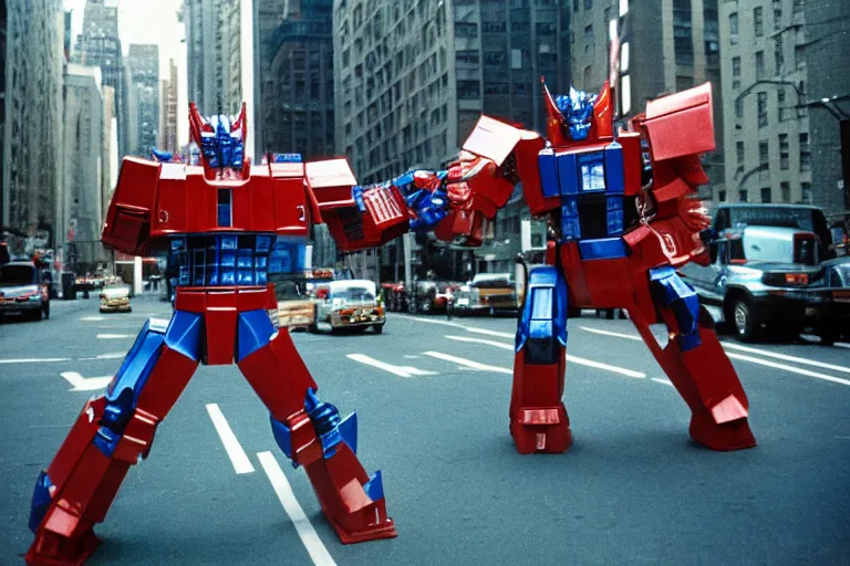 Prompt: optimus prime fighting godzilla in new york city, cinestill,