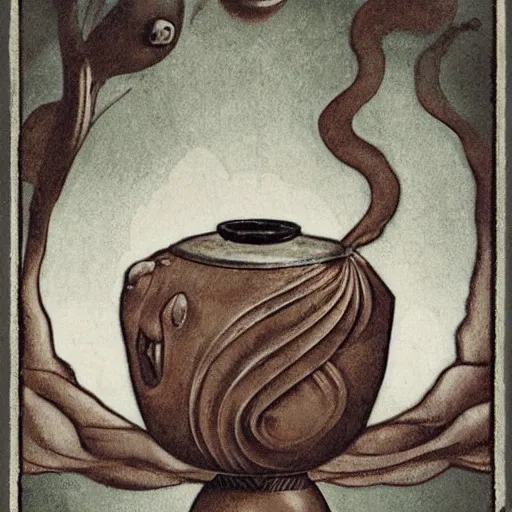 Image similar to 1 9 2 0's bipedal deflective rivulet blob petrel chili luggage vase, by monsu desiderio and anton pieck and wojciech siudmak, trending on deviantart, ambient occlusion, tarot card