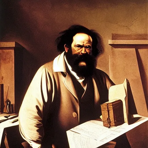 Image similar to karl marx has problems in a dark painting by Caravaggio