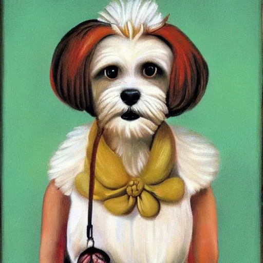 Prompt: cream colored havanese dog with frida kayla painting by frida kahlo 1 9 3 5