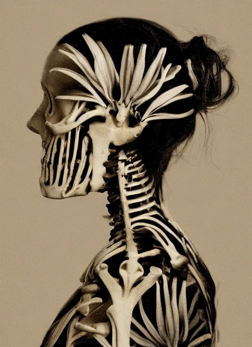 Image similar to a woman's face in profile, made of lilies skeleton, in the style of the dutch masters and gregory crewdson, dark and moody