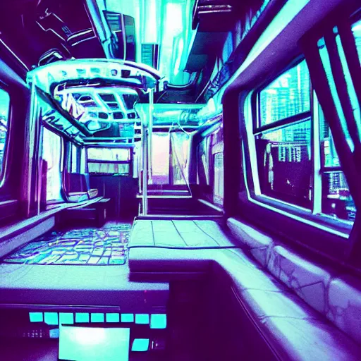 Prompt: an interdimensional travelling bus, cyberpunk aesthetic, abstract, highly - detailed