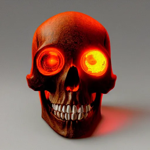 Prompt: real human skull with circular orange electronic led eyes in eye holes