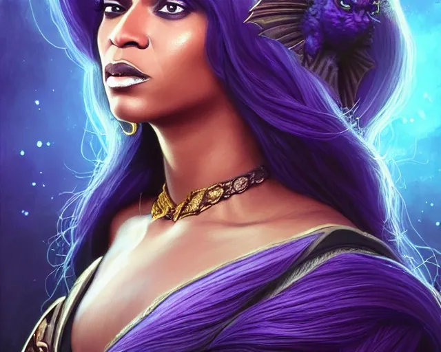 Image similar to beyonce as a wizard, purple streaks in hair, bat hovering on her shoulder, blue clothing, deep focus, d & d, fantasy, intricate, elegant, highly detailed, digital painting, artstation, concept art, matte, sharp, illustration, hearthstone, art by artgerm and greg rutkowski and alphonse mucha