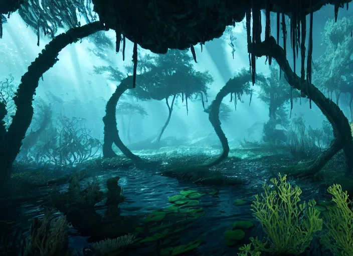 Image similar to underwater forrest. Intricate. Very detailed 8k. Fantasy horror. Sharp. Cinematic post-processing. Unreal engine. Nanite. Ray tracing. Parallax. Tessellation