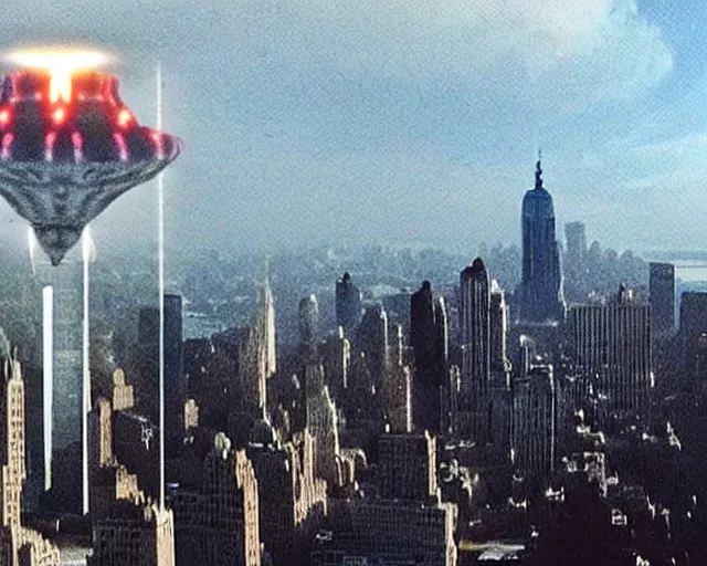 Prompt: [alien invasion] ufo footage spotted at new york city. there is explosions all over the city. 9/11 inspired. archangel invasion.