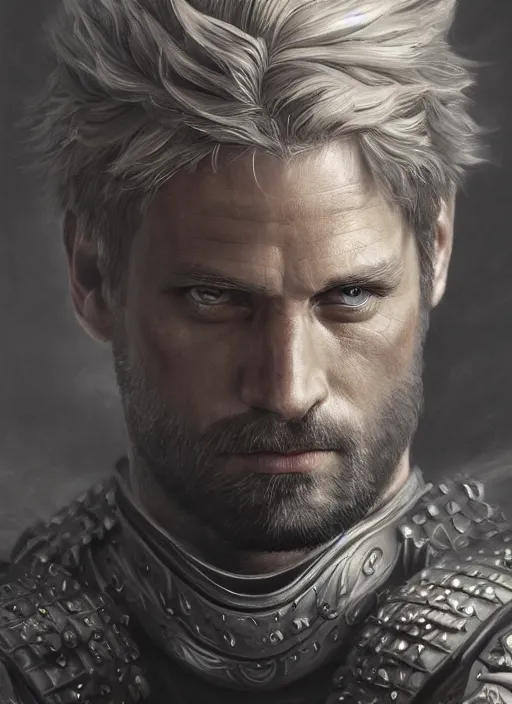 Image similar to highly detailed oil painting, masterpiece portrait warrior guard male lannister, fantasy character portrait, dynamic pose, above view, top lighting, realistic shaded, perfect face, 8 k realistic, hyper detailed, digital painting, artstation, concept art, hyper detailed eyes, cinematic lighting, dynamic pose, above view, perfect eyes