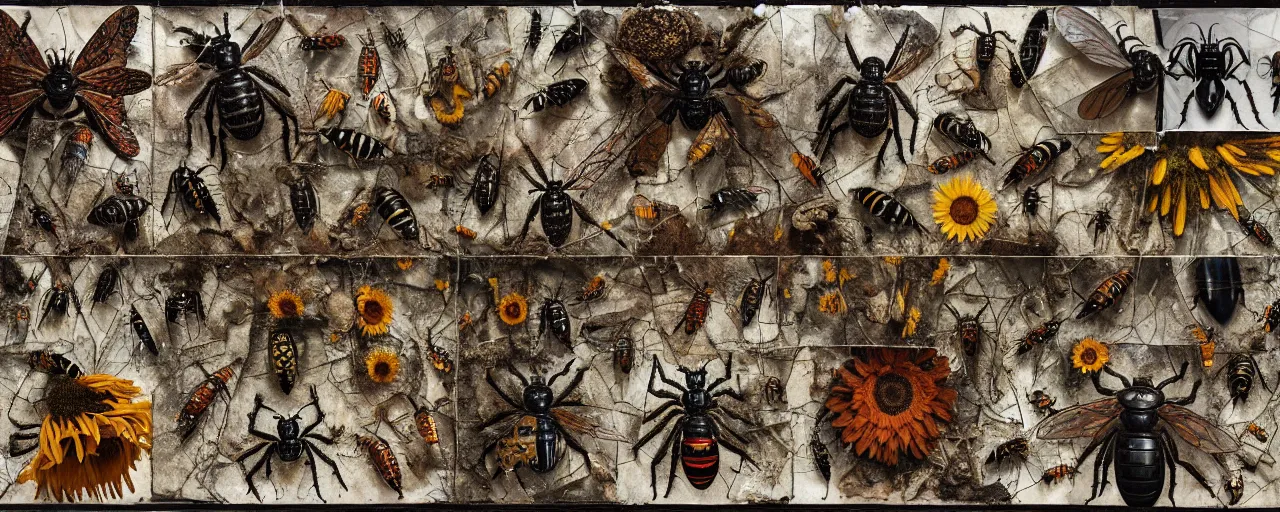 Prompt: a contact sheet of strange giant insects arranged in a grid, beetles, spiders, butterflies, moths, wasps, bees, maggots, locusts and flies, oil painting by max ernst and anselm kiefer, decay, mixed media, textured, sharp focus, highly detailed, photographic emulsion cracked and peeling, rust, wire, sunflowers, nails, cinematic lighting, 8 k, hd