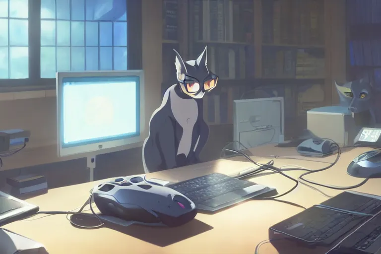 Image similar to a nerdy caracal is programming at a computer in a room full of gadgets, by makoto shinkai and ghibli studio, dramatic lighting, highly detailed, incredible quality, trending on artstation