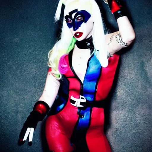 Image similar to lady gaga as harley quinn, full shot, wide shot,