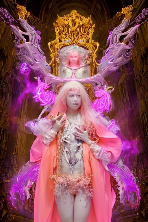 Image similar to full-body rococo and cyberpunk delicate neon crystalline sculpture of ((young muscular golden albino Colombian prince)) as an iridescent humanoid deity wearing ((peach plastic hooded cloak)) (holding a human skull) in a white castle dungeon, reclining, glowing pink face, crown of (pink lasers), large blue diamonds, swirling black silk fabric. futuristic elements. oozing glowing liquid, full-length view. space robots. intricate artwork by caravaggio. Trending on artstation, octane render, cinematic lighting from the right, hyper realism, octane render, 8k, depth of field, 3D