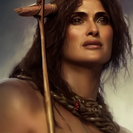 Prompt: portrait of salma hayek as barbarian warrior, au naturel, hyper detailed, digital art, trending in artstation, cinematic lighting, studio quality, smooth render, unreal engine 5 rendered, octane rendered, art style by klimt and nixeu and ian sprigger and wlop and krenz cushart.