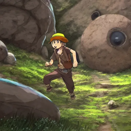 Prompt: Indiana Jones running away from boulder trap, boulder chase, stone temple background, giant round stone chasing Indian Jones, raiders of the lost ark, made in abyss anime style