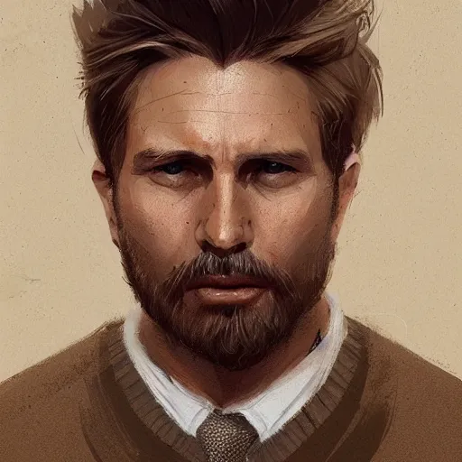 Prompt: Portrait of a man by Greg Rutkowski, he is about 40 years old, short blond quiff hair, trimmed beard, roman nose, wearing beige sweater, smart appearance, highly detailed portrait, digital painting, artstation, concept art, smooth, sharp foccus ilustration, Artstation HQ.