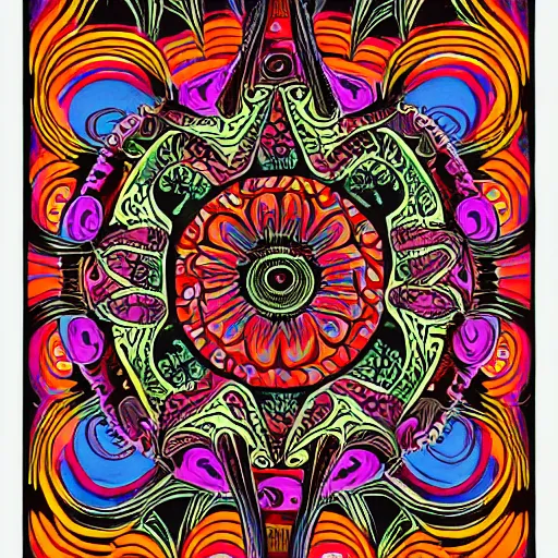 Image similar to Fillmore concert poster for The Bozone April 20, 1969 by Victor Moscoso and S. Clay Wilson, psychedelic, intricate paisley filigree Bozo the clown. red clown nose, mandala, day-glo colors, flowing lettering