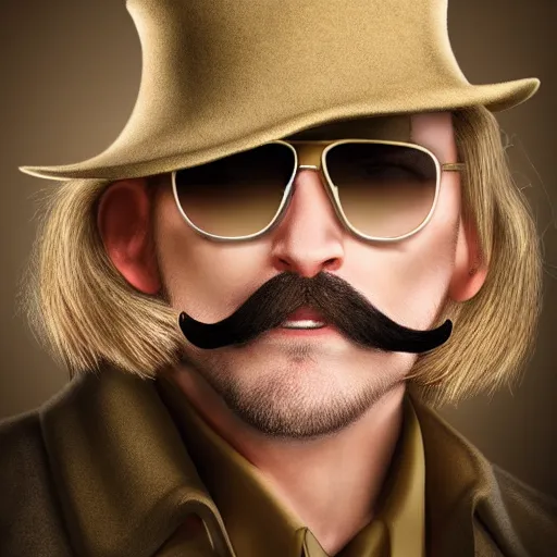 Prompt: blonde Viktor Reznov portrait with a beige coat, a blonde goatee, thick moustache, short hair, beige fedora, and sunglasses, photorealistic, dramatic lighting