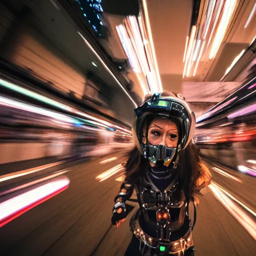 Prompt: gopro pov of a woman warrior wearing intricate biomechanical scifi cyberpunk helmet running motion blur