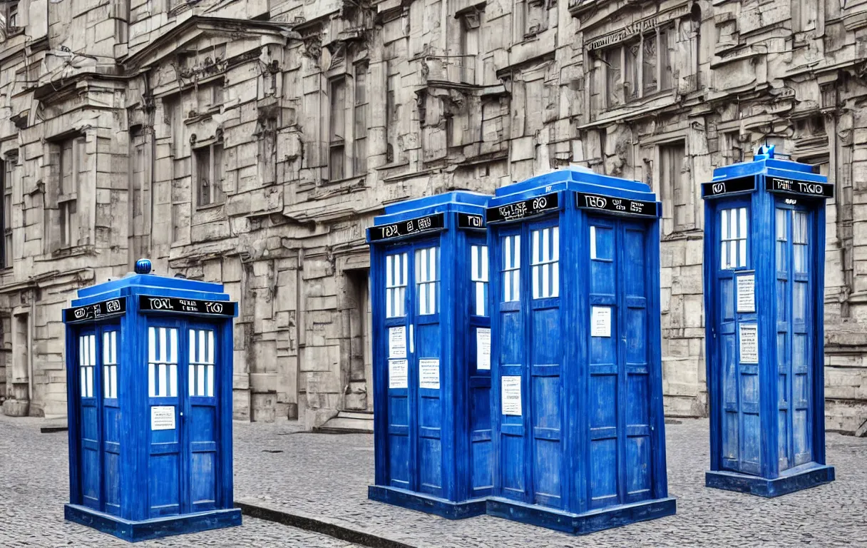 Image similar to the tardis on a street in berlin during 1 9 6 2, colour, highly detailed, photo, photorealistic, sharp focus, 4 k, hdr