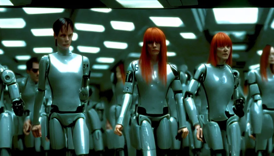 Image similar to The matrix, LeeLoo, Starship Troopers, Clarice Starling, Sprinters in a race with a clear winner, robotic legs, The Olympics footage, intimate shot, cinematic stillframe, shot by Roger Deakins, The fifth element, vintage robotics, formula 1, starring Geena Davis, sports photography, clean lighting