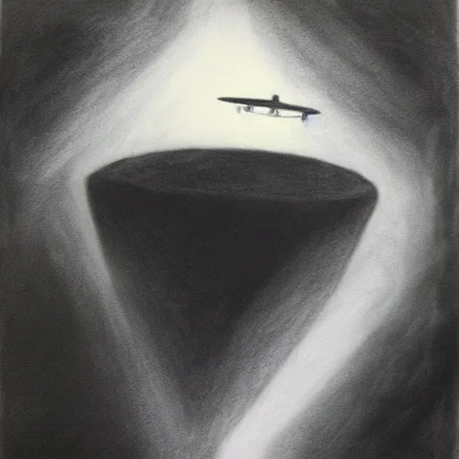 Image similar to Dimension Shift, UFO, reversal of roles, charcoal on paper