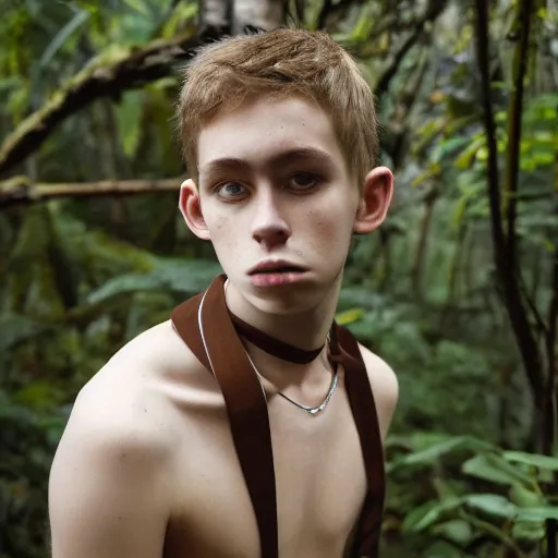 Prompt: a teenage boy, around 2 2 yo. choker necklace. natural brown hair. loincloth, pale skin. detailed face. ominous and eerie looking jungle in background. natural colors. hyperrealistic photo.