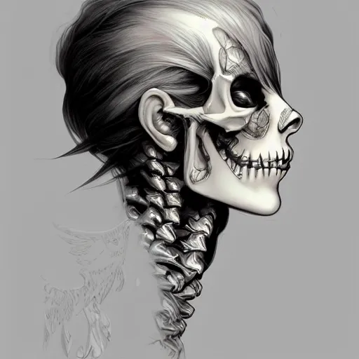 Image similar to anime manga skull profile young woman skeleton, angel, unreal engine, intricate, elegant, highly detailed, digital art, art by JC Leyendecker and sachin teng