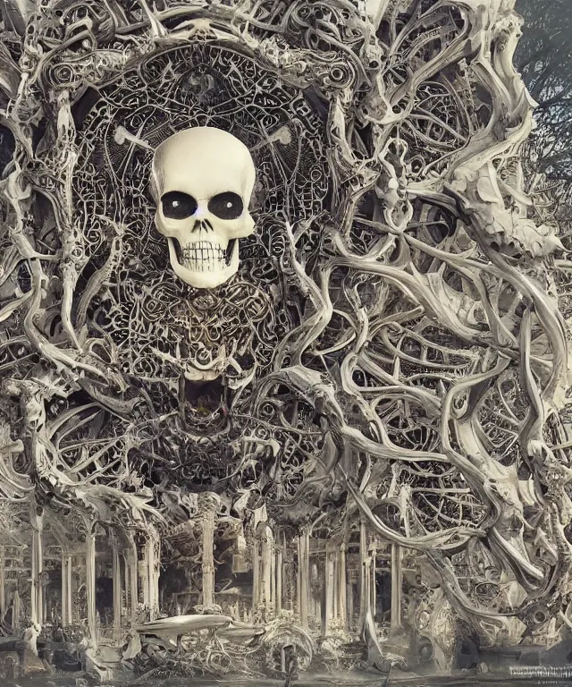 Image similar to a skull temple made of wat rong khun temple!! by charlie bowater and art germ, rule of thirds, golden ratio, art nouveau! cyberpunk! style, mechanical accents!, mecha plate armor, glowing leds, flowing wires with leaves, art nouveau accents, art nouveau patterns and geometry, rich deep moody colors