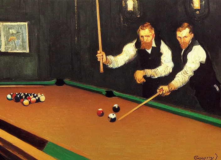 Image similar to a highly detailed beautiful portrait of van gogh playing pool, by gregory manchess, james gurney, james jean