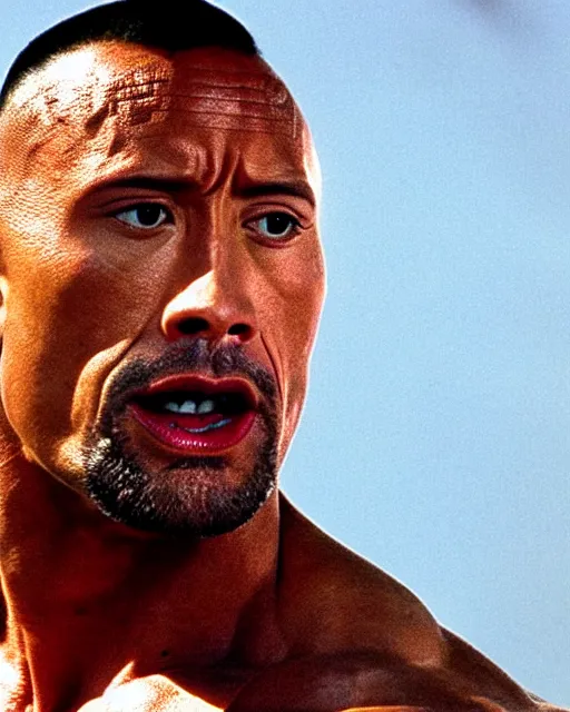 Image similar to Film still close-up shot of Dwayne Johnson as Rocky Balboa from the movie Rocky. Photographic, photography