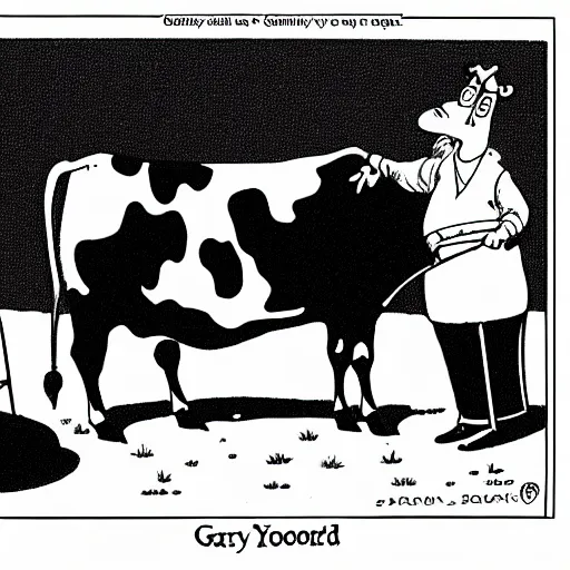 Image similar to a cow points at a bucket, illustrated by gary larson, far side comic, b & w