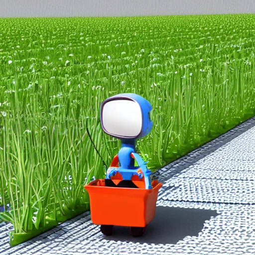 Image similar to Illustration of a small robot driving between rows of growing carrots, powerpoint, 3D-Illustration