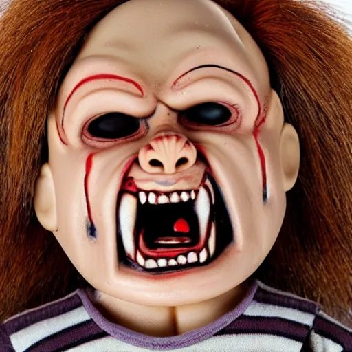 Prompt: screaming death chucky doll