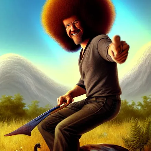 Image similar to bob ross!!! riding!!! a dinosaur!!, giant afro!, model pose, ultra realistic, concept art, intricate details, highly detailed, photorealistic, octane render, 8 k, unreal engine. art by artgerm and greg rutkowski and alphonse mucha