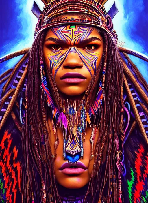 Image similar to portrait of zendaya, hyper detailed ultra sharp aztec shaman warrior. trending on artstation, warpaint aesthetic, bloodwave, colorful, psychedelic, ornate, intricate, digital painting, concept art, smooth, sharp focus, illustration, art by artgerm and greg rutkowski and h. r. giger, 8 k