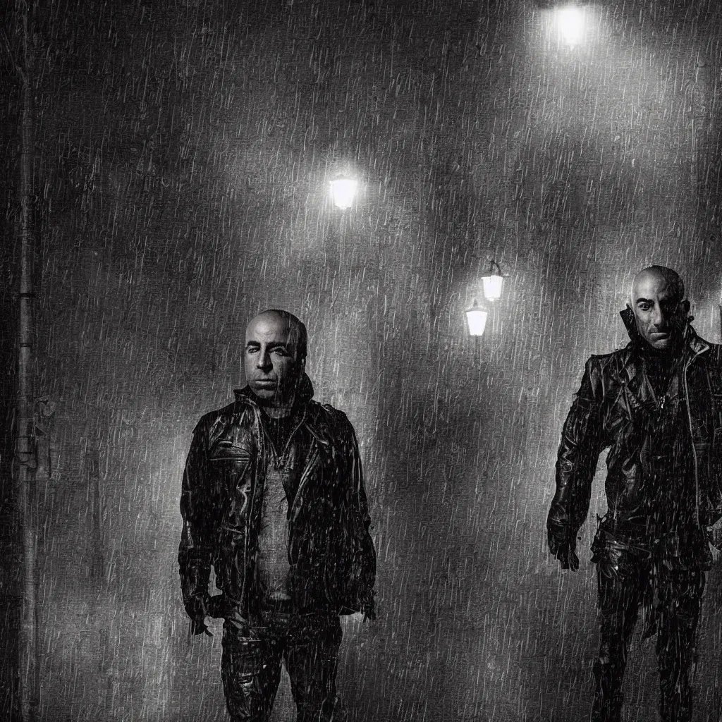 Image similar to Joe Rogan wearing a black leather jacket, leaning against a streetlight at night, gritty atmosphere, digital art, lit from above, raining
