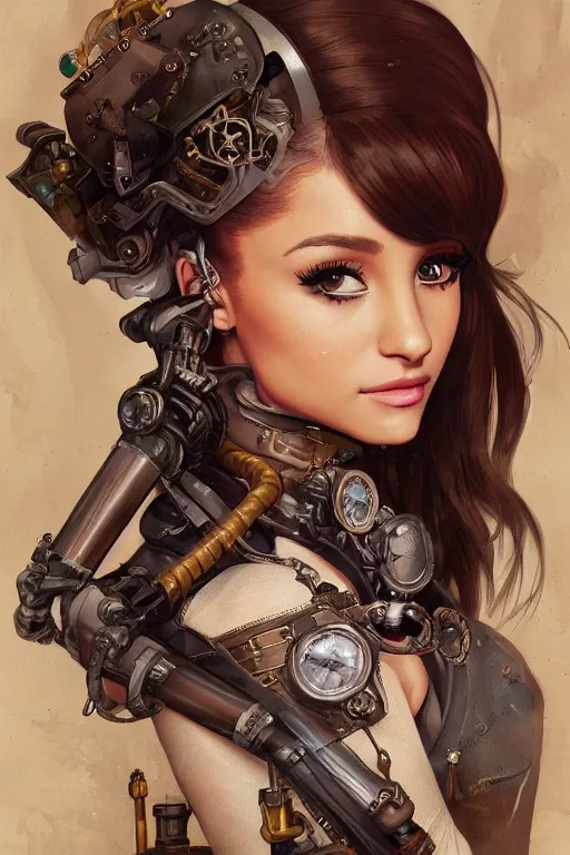 Image similar to ariana grande as a steampunk cyborg, portrait, western, steampunk, duster, fantasy, intricate, elegant, highly detailed, digital painting, artstation, concept art, sharp focus, illustration, art by artgerm and greg rutkowski and alphonse mucha