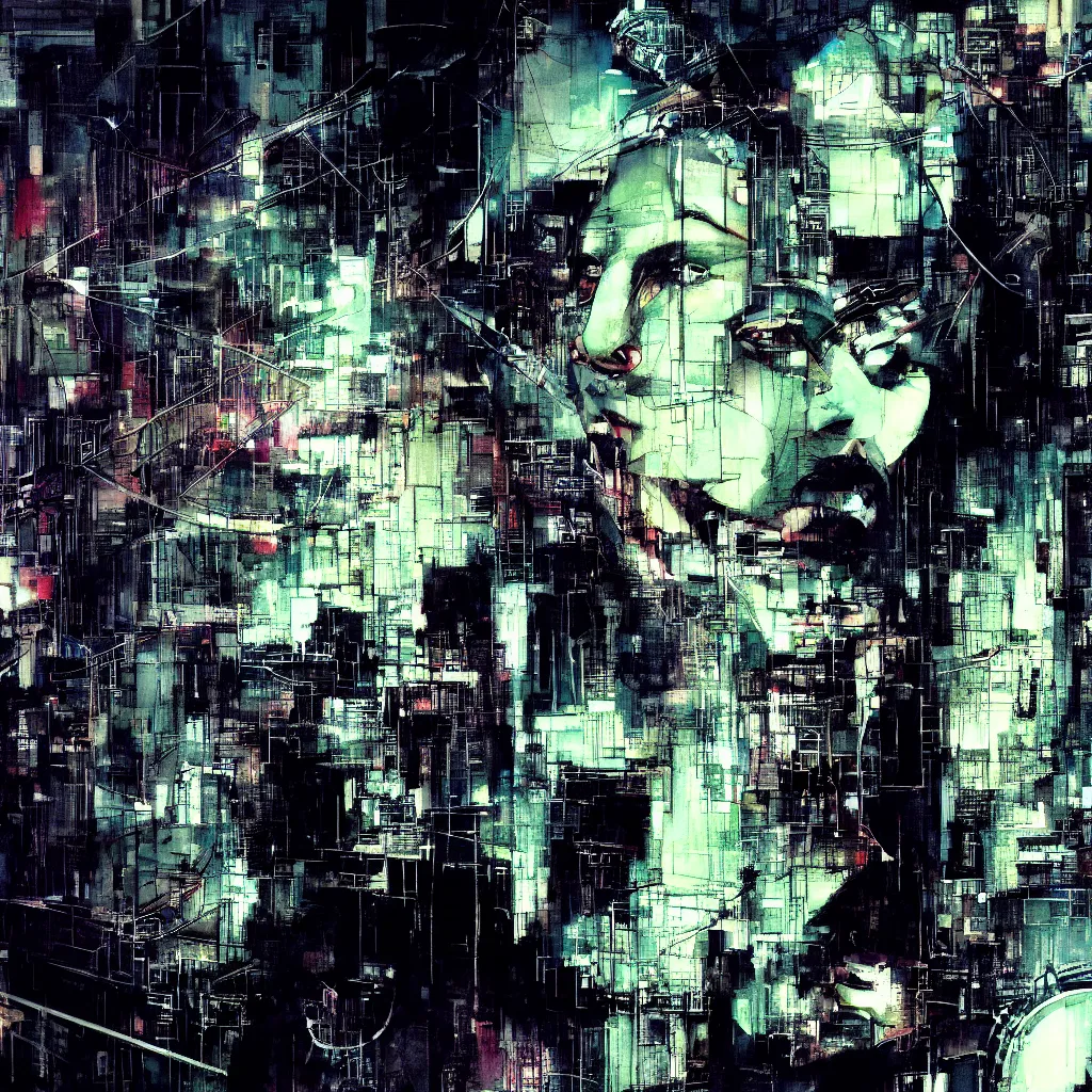 Prompt: glitchcore portrait of a cyberpunk dreamer, wires, machines, in a dark future city by jeremy mann, francis bacon and agnes cecile, and dave mckean ink drips, paint smears, digital glitches glitchart