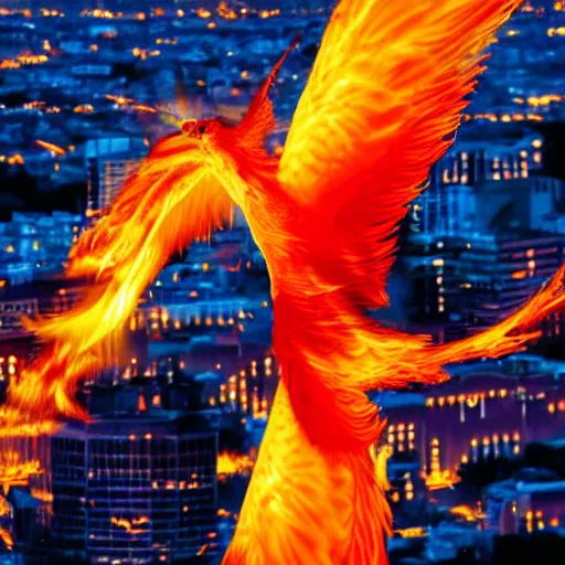 Image similar to Flaming Phoenix bird flying above a city at night. High quality.