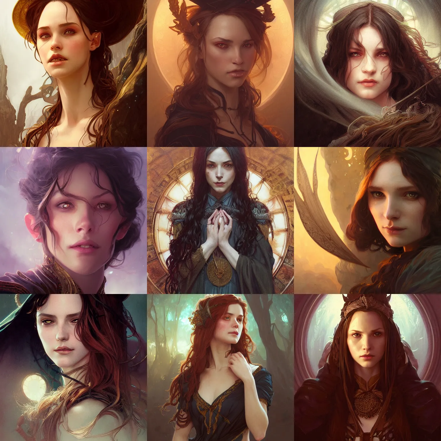 Prompt: A portrait of a young female witch, D&D, fantasy, intricate, cinematic lighting, highly detailed, digital painting, Artstation, concept art, smooth, sharp focus, illustration, art by Artgerm and Greg Rutkowski, Alphonse Mucha and charlie bowater