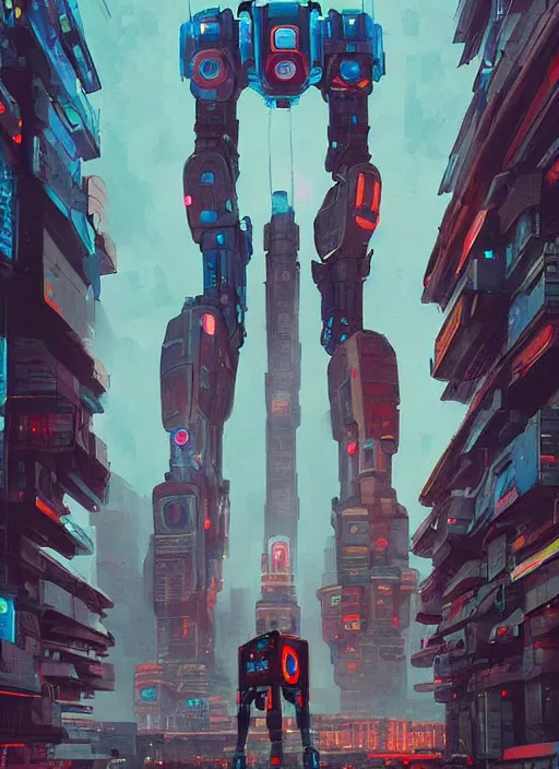 Image similar to a painting of a giant robot standing in front of a city, cyberpunk art by beeple art by james jean, behance contest winner, nuclear art, dystopian art, apocalypse art, sci - fi