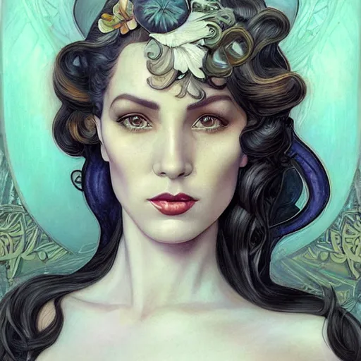 Prompt: an art nouveau, ( streamline moderne ), multi - racial portrait in the style of anna dittmann and donato giancola and gaston bussiere. very large, clear, expressive, and intelligent eyes. centered, ultrasharp focus, dramatic lighting, photorealistic digital matte painting, intricate symmetrical ultra detailed background.